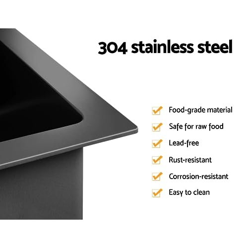 Cefito Kitchen Stainless Steel Sink 75 x 45cm Single Bowl Utility Black Basin Sinks Rectangular Drainboard with Waste Strainer R10 Corner Easy Clean Nano Coated