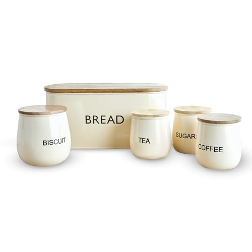 Tower, T826212CHA, 5 Piece Storage Set, Bread Bin, Biscuit Tin, 3 Storage Canisters. Airtight Lids, Chantilly