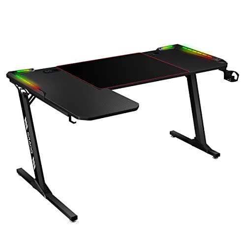 L Shaped Gaming Desk with Leg Light Computer Desk Home Office Workstation Racer Gaming Table Desktop Carbon Fiber USB Wireless Charger Black 140CM