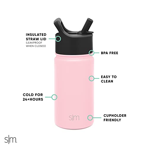 Simple Modern 415 mL Summit Kids Water Bottle with Straw Lid -Travel Hydro Vacuum Insulated Flask Double Wall Liter - 18/8 Stainless Steel -Blush