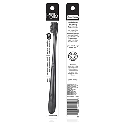 hello charcoal infused manual toothbrush, 1 pack, soft tapered bristles, black, BPA free