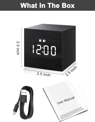 Alarm Clock, Digital Alarm Clock, with Wooden Electronic LED Time Display, Dual Alarm, 2.5-inch Cubic Small Mini Wood Made Electric Clocks for Bedroom, Bedside, Desk