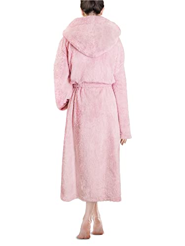 PAVILIA Women Hooded Plush Soft Robe | Fluffy Warm Fleece Sherpa Shaggy Bathrobe, Light Pink, Small-Medium