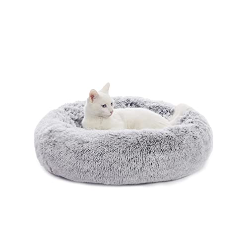 Bedfolks Calming Donut Cat Bed, 60CM Round Fluffy Dog Beds for Small Dogs & Cat Beds for Indoor Cats, Washable Anti-Anxiety Plush Puppy Bed（Dark Grey, Small