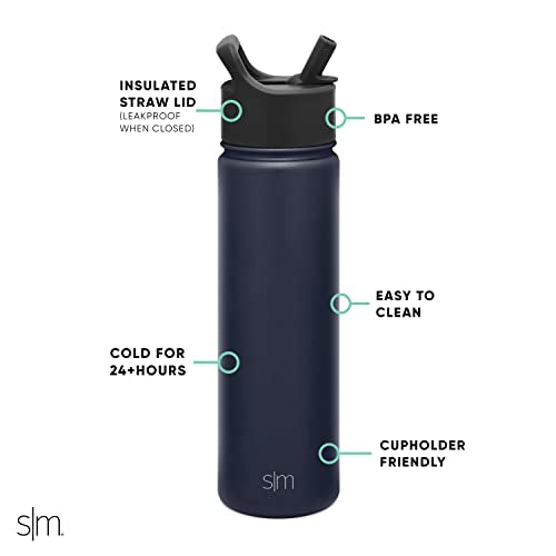 Simple Modern 650mL Summit Water Bottle with Straw Lid - Gifts for Kids Travel Hydro Vacuum Insulated Flask Double Wall Liter - 18/8 Stainless Steel -Riptide