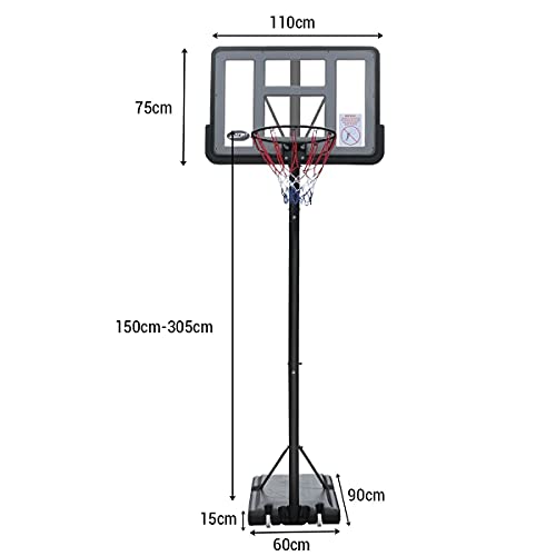 Genki 1.5-3.05m Portable Basketball Hoop Stand System Backboard Net Ring Set Height Adjustable,Built in Wheels