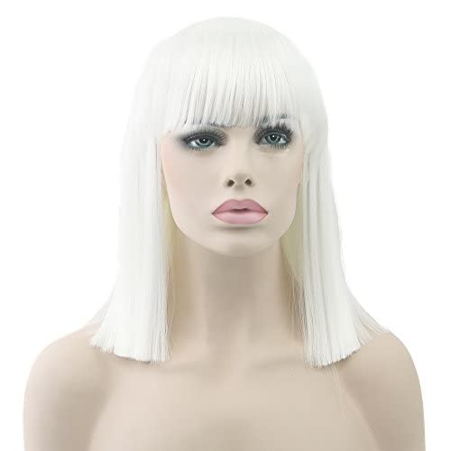 IMISSU Short Natural Cut Hair Cosplay Wig with Straight Bangs Halloween Costume Party Bob Wigs for Women (White)