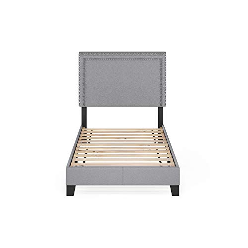 Furinno Laval Double Row Nail Head Upholstered Platform Bed Frame, Twin, Glacier