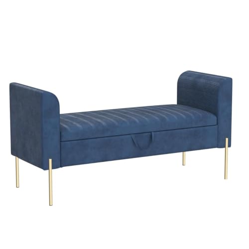 ALISH Storage Bench,Upholstered Storage Ottoman Bench,Modern Bed Bench Entryway Bench with Gold Legs for Bedroom Living Room Blue