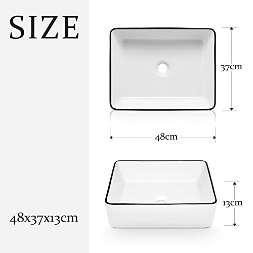 Luxsuite Bathroom Basin Bathroom Sink Vessel Washing Basin Vanity Hand Wash Bowl Above Counter Bath Toilet Countertop Rectangle Ceramic Basin White 48x37cm