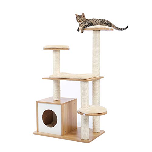 PAWZ Road Multi-Level Modern Cat Tree Full Wrapped Sisal-Covered Scratching Post Luxury Cat Towers Furniture with Large Condo 115CM（Beige）