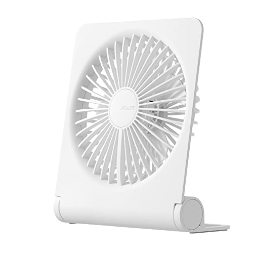 JISULIFE Small Desk Fan, Portable USB Rechargeable Fan, 160° Tilt Folding Personal Mini Fan with 4500mAh Battery, Strong Wind, Ultra Quiet, 4 Speed Modes for Office, Home, Camping - White