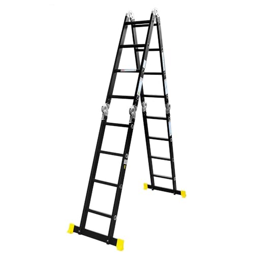 3.7M/4.7M/5.7M/6.7M Mult-Purpose Aluminium Folding Ladder Alloy Non-Slip Step Ladder Adjustable Extension Flexiable Working Platform Household 150Kg Loading (4.7M)