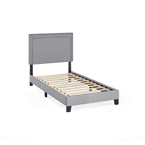 Furinno Laval Double Row Nail Head Upholstered Platform Bed Frame, Twin, Glacier