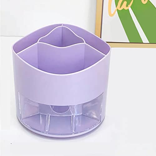 Zyners Rotating Pen Pencil Holder 360-Degree with Drawer, 5 Compartments Desk Stationary Cosmetic Makeup Brushes Holder for Dressing Table, Home , Office, Desktop(Purple)