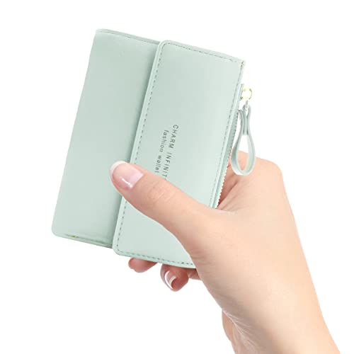 Bifold Leather RFID Blocking Wallet for Women Mini Ladies Purse with Coin Pocket, with Zipper Buckle, Credit Card Holder Coin Purse PU Small Short Wallet (Light Green)