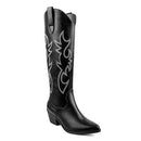 Zzheels Embroidered Western Cowboy Boots for Women Ankle High Cowgirls Low Chunky Heel Pointed Toe Pull-On Fashion Classic Boots, Knee Black-white, 7.5