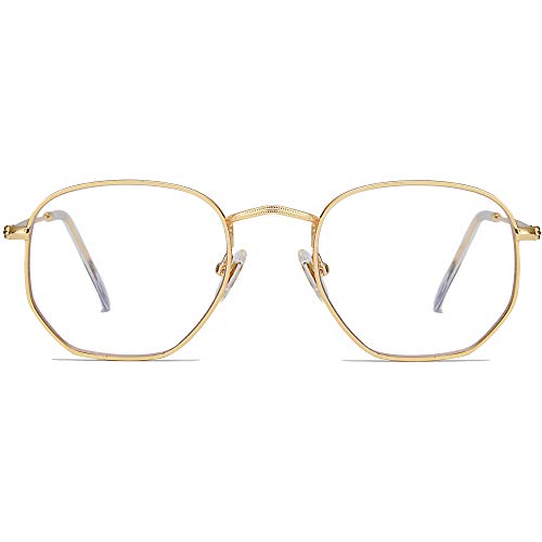 SOJOS Small Blue Light Blocking Glasses Hexagonal Eyeglasses Frame Anti Blue Ray Glasses One and Only SJ5036, 0c1 Gold Frame, Tiny