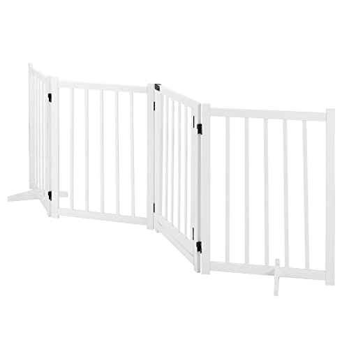 AUSWAY Wooden Pet Safety Gate Free Standing Walk Over Dog Gate,Retractable Puppy Playpen,Enclosure Security Fence for Dog Stair Doorway Barrier with Door Indoor,236CM Extra Width 80CM Tall,White