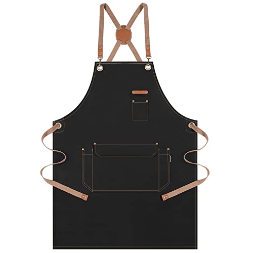 Genixart Chef Apron for Men Women with Gift Box Pack, Cross Back Kitchen Aprons with Pockets for Cooking Baking, Cotton Canvas Work Apron for Restaurant Garden (BLACK)