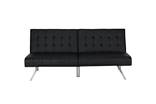 DHP Emily Futon Sofa Bed Modern Convertible Couch With Chrome Legs Quickly Converts into a Bed Black Faux Leather