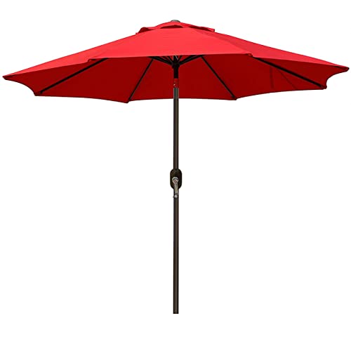 Blissun Patio Umbrella Aluminum Manual Push Button Tilt and Crank Garden Parasol (9ft Manual, Red)