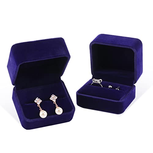 iSuperb Set of 2 Blue Velvet Couple Double Ring Box Earring Jewelry Case Gift Boxes 2.7x2.7x1.6inch