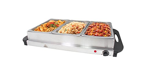 Invero Large 3-Section Stainless Steel Food Buffet Server and Warming Hotplate Tray with Adjustable Temperature Control, Clear Lids and Cool Touch Handles - 300W