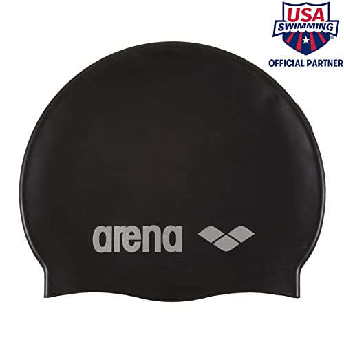 arena Classic Silicone Swim Cap, unisex-adult, Swim Cap, Black / Silver, Adult