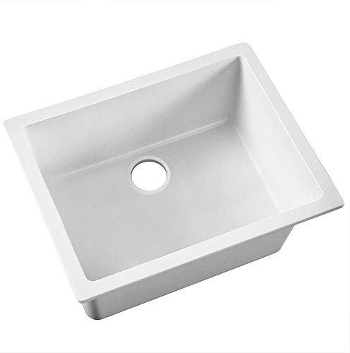 Cefito Stone Kitchen Sink 61 x 47cm Single Bowl Rectangle White Sinks Granite, Laundry Bathroom Home Basin, Handmade Seamless Design Heavy Duty Waste Strainer Top Under Flush Mount