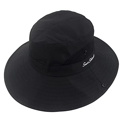 Womens Outdoor Summer Sun Hat UV Protection Wide Brim Foldable Fishing Hats with Ponytail Hole, Black, One Size