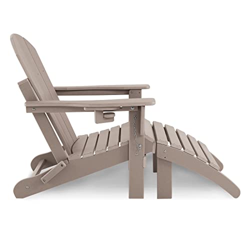 ABCPATIO Folding Adirondack Chair with Footrest - Outdoor Weather Resistant Plastic Adirondack Chairs with Detachable Ottoman, Stackable Seating with Cup Holder for Patio (Seat Width 20", Light Brown)
