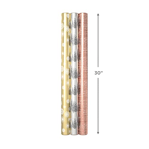 Hallmark Foil Christmas Wrapping Paper with Cut Lines on Reverse (3 Rolls: 60 Sq. Ft. Ttl) Rose Gold, Silver Trees, Gold Snowflakes for Holidays, Hanukkah, Winter Solstice, Weddings, Graduations