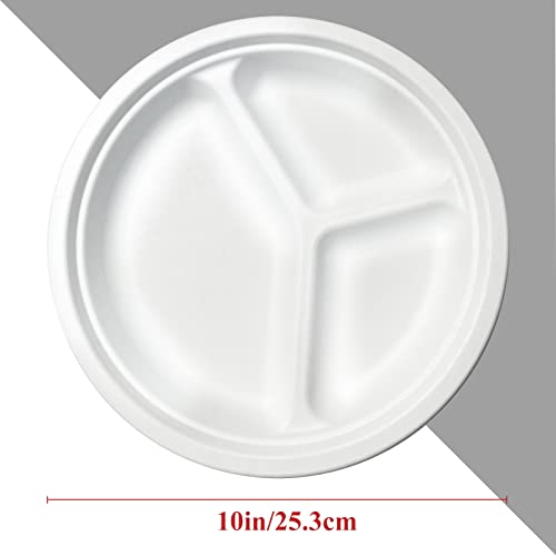 100% Compostable 50pc * 10“ Heavy-Duty Pulp Molded Stronger Paper Plate for Happy Party Set, Perfect for Christmas Carnival Catering Serving, 3 Compartment Eco-Friendly Disposable White Bagasse