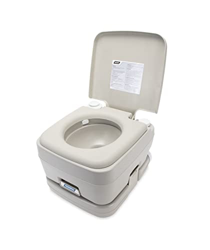 Camco Portable Travel Toilet | Features Bellow-Type Flush and Sealing Slide Valve to Lock-in Odors 2.6 Gallon (41531),Gray/Beige