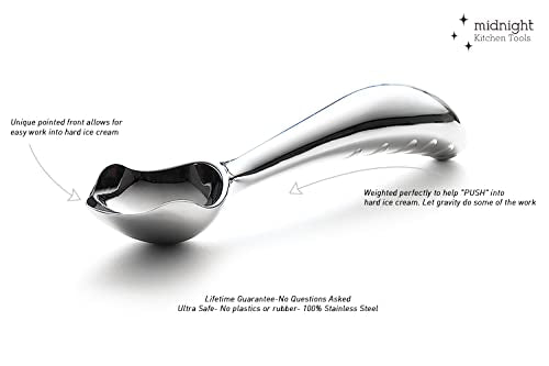 Stainless Steel Ice Cream Scoop by Midnight Scoop - Ergonomic Ice Cream Scooper for Hard Ice Cream - Dishwasher Safe Ice Cream Spade