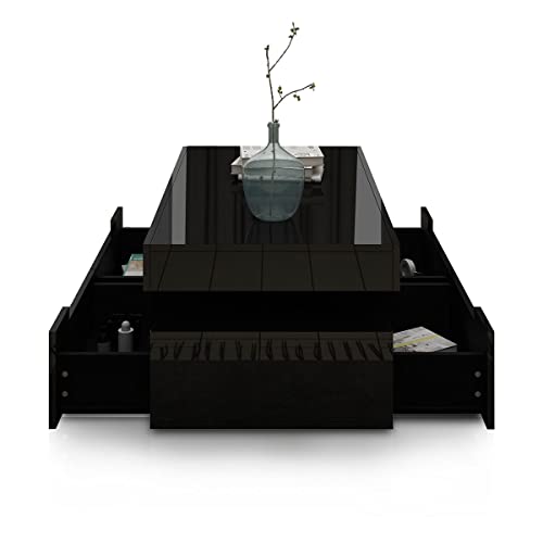 Coffee Table High Gloss Front Tea Table 4 Drawers Storage Shelf Wood Modern Living Room Furniture Black 85cm Length