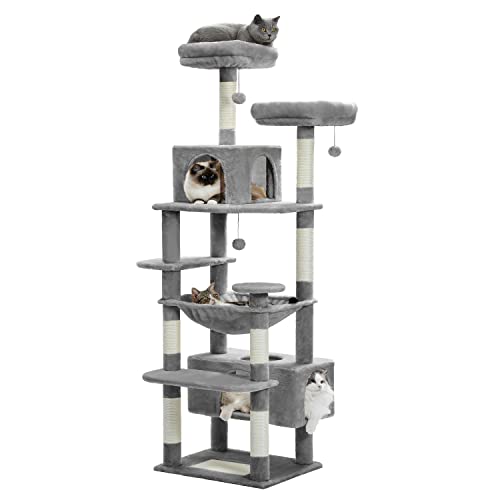 PAWZ Road Large Cat Tree, 72 Inches Cat Tower for Large Cats, Cat Condo with Sisal-Covered Scratching Posts and Pads, 2 Padded Perch, Dual Condo and Basket for Indoor Cats-Gray (AM01-AMT0204GY)