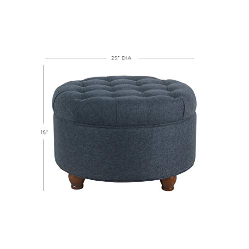 Homepop Home Decor | Large Button Tufted Woven Round Storage Ottoman | Ottoman with Storage for Living Room & Bedroom (Navy Woven) 25 inch D x 25 inch W x 15 inch H