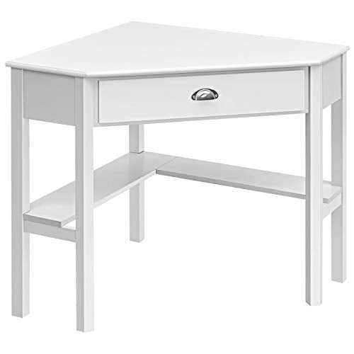 Giantex Wood Corner Computer Desk, Compact Writing Table w/Drawer & Shelves, Space Saving Workstation with Foot Pads, Laptop PC Corner Table Furniture for Home Office, White