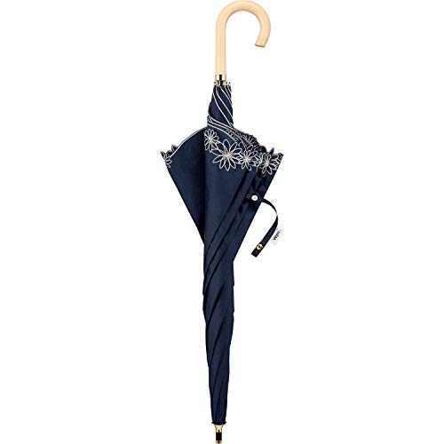 [2023] Wpc. 81-12113-101 Parasol Blackout Dome Rim Flower Navy Long Umbrella 21.7 inches (55 cm) Ladies' Rain or Sun Shade Shade UV Protection 100% Flower Pattern Embroidery Natural Wooden Handle Elegant Adult Cute Domed Work Adult Stylish Cute Female