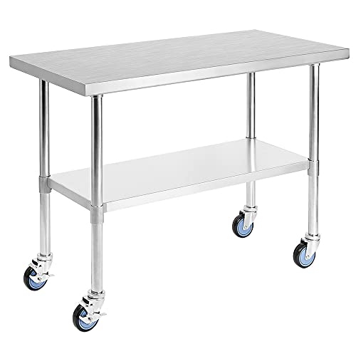 Simplus 1800x600mm Stainless Steel Kitchen Bench 430 Food Grade Workbench Food Prep Table w/Wheels Commercial Heavy Duty Table for Restaurant, Home and Hotel, Silver