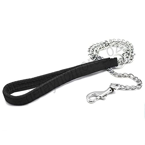 Pet Dog Chain Leash Lead 120cm Chew Resistant Metal Leash Soft Leather Handle AU (Black)