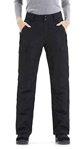 WULFUL Women's Waterproof Windproof Hiking Ski Snow Pants Fleece Lined  Softshell Insulated Winter Pants Black Medium