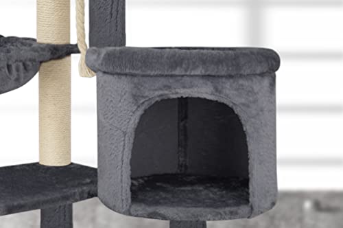 Youpet Fashion Design Cat Tree with Cat Condo Hammock and Two Replacement Hanging Balls,Grey