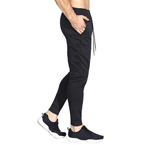 ZENWILL Mens Tapered Gym Joggers, Fitness Pants Casual Workout Track Pants with Zip Pockets（Medium,Black