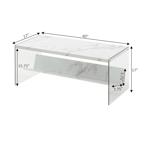SoHo Coffee Table with Shelf, White Faux Marble/Glass