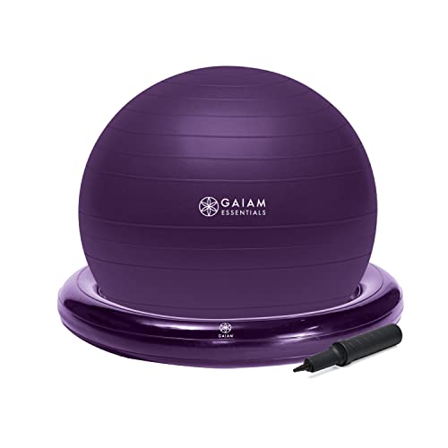 Gaiam Essentials Balance Ball & Base Kit, 65cm Yoga Ball Chair, Exercise Ball with Inflatable Ring Base for Home or Office Desk, Includes Air Pump - Purple