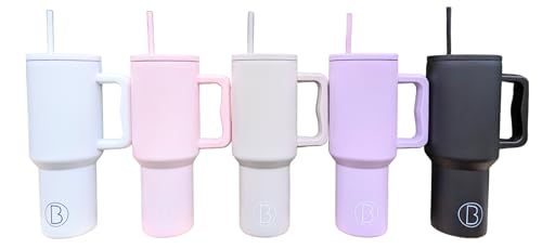 Vacuum Insulated Tumbler with Handle and Straw Lid | 1180ml/40oz Capacity | Stainless Steel Double Wall Insulation | Reusable Travel Mug in Multiple Colours | Bottle & Bowl Co. (Pink)