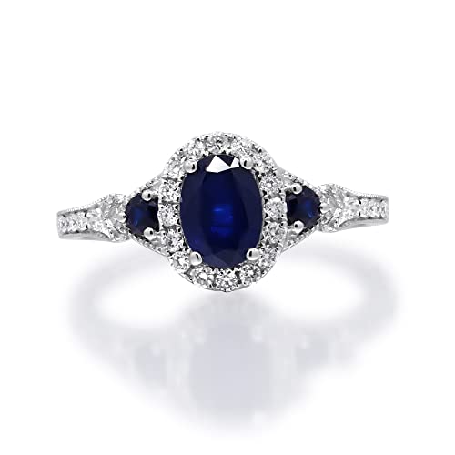 Gin & Grace Women's 14K White Gold Genuine Blue Sapphire Ring With Diamonds (Oval-Cut) Shaped (TW3319R-BS-10)